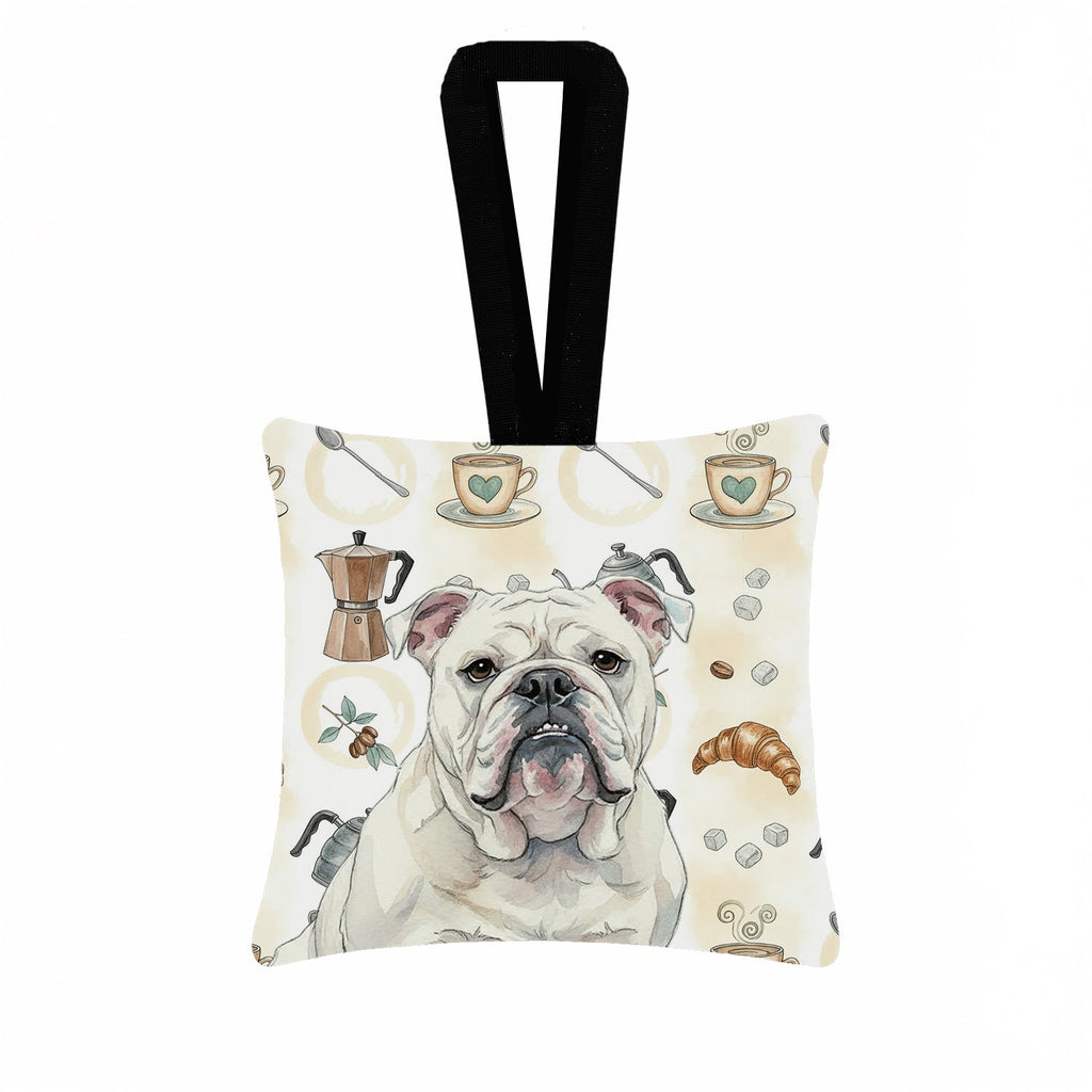 White English Bulldog Coffee Bar Hanging Square Fabric Ornament 3.5 � 3.5 Decorative Door-Knob & Tree Hanger, Soft Fabric