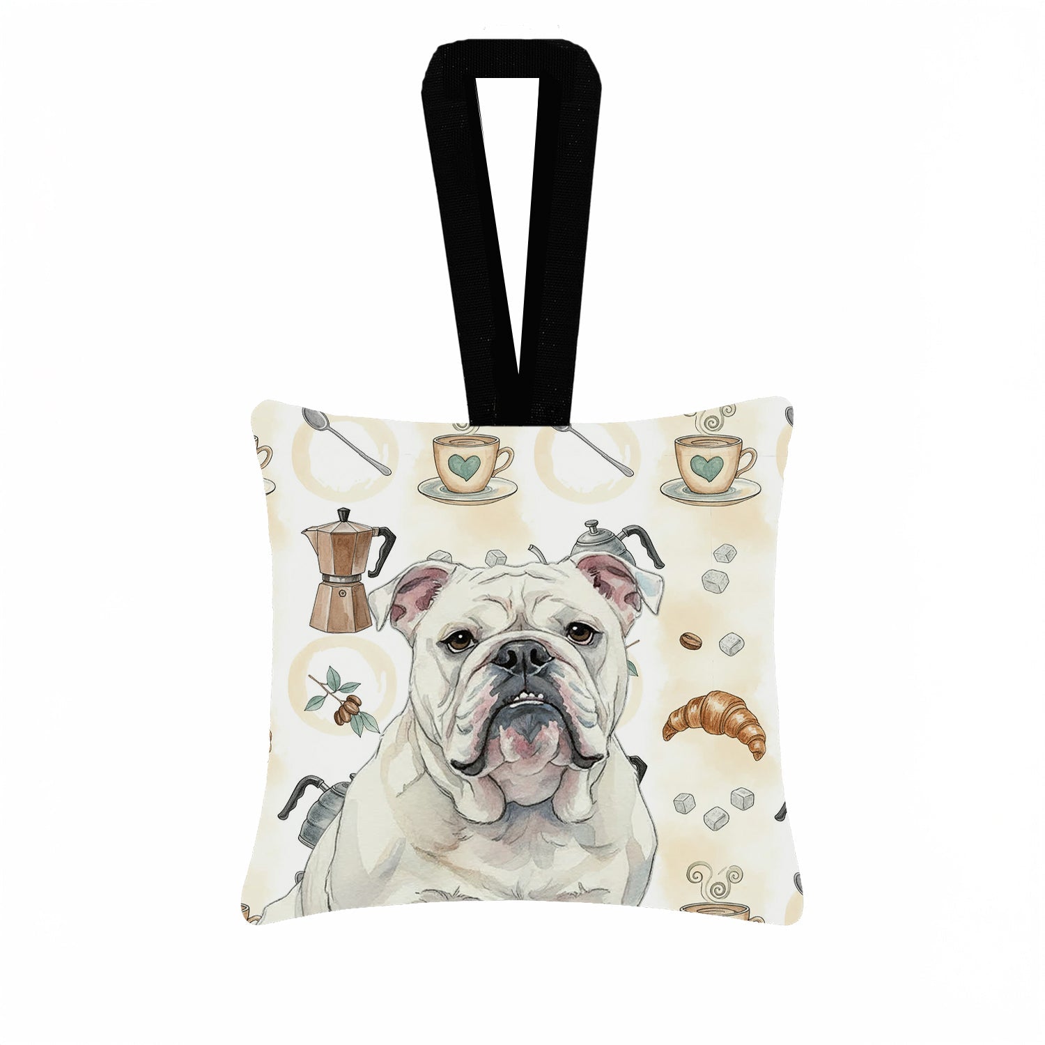 White English Bulldog Coffee Bar Hanging Square Fabric Ornament 3.5 � 3.5 Decorative Door-Knob & Tree Hanger, Soft Fabric