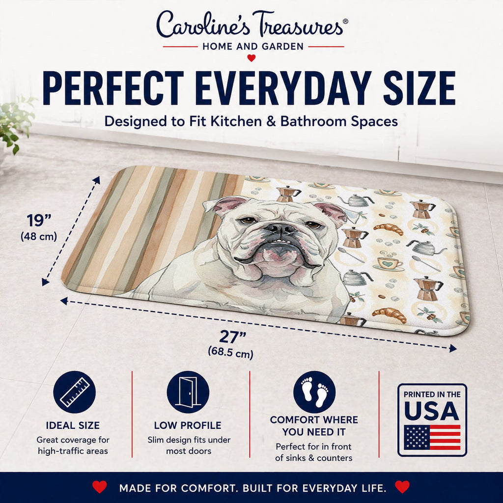 White English Bulldog Coffee Bar Memory Foam Kitchen Mat Machine Washable Anti-Fatigue Cushion Comfort Bath or Kitchen Rug