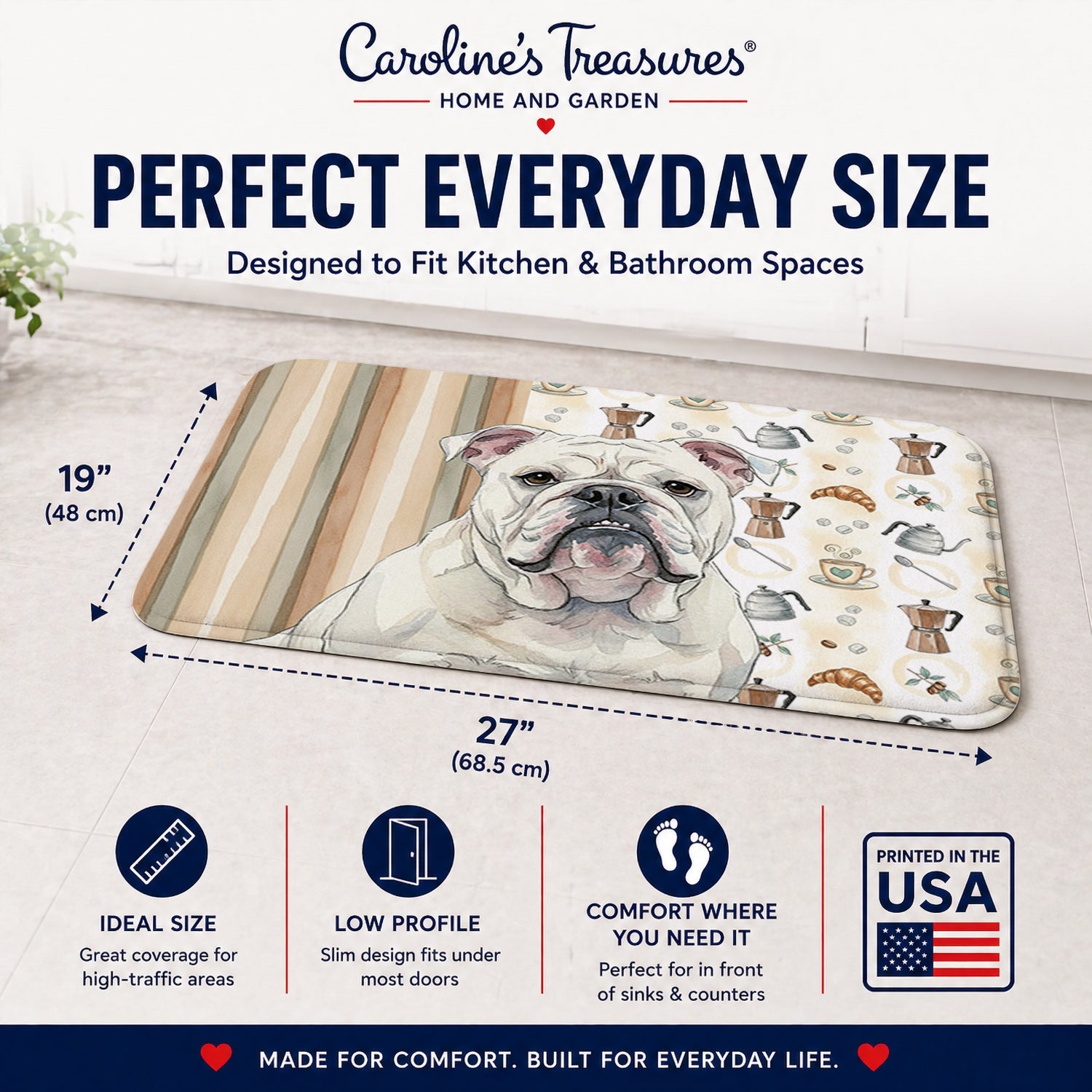 White English Bulldog Coffee Bar Memory Foam Kitchen Mat Machine Washable Anti-Fatigue Cushion Comfort Bath or Kitchen Rug