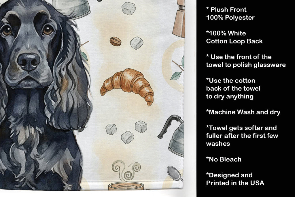 Black English Cocker Spaniel Coffee Bar Kitchen Towel Velour Plush Front and Cotton Loop Back Machine Washable