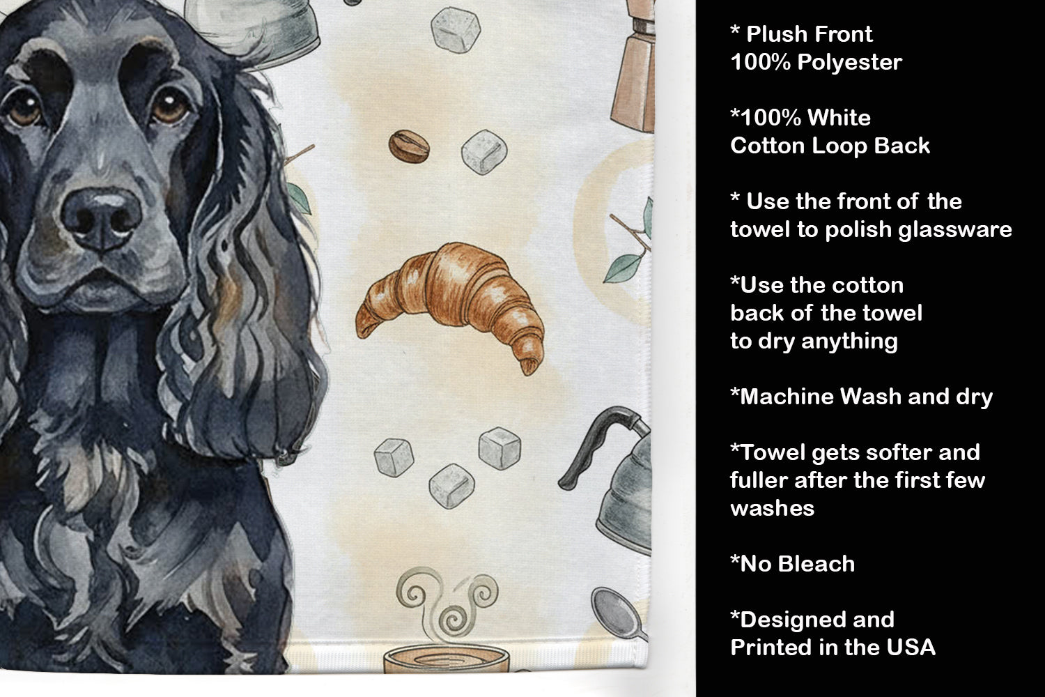 Black English Cocker Spaniel Coffee Bar Kitchen Towel Velour Plush Front and Cotton Loop Back Machine Washable