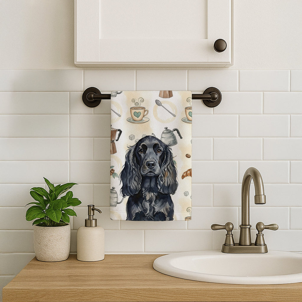 Black English Cocker Spaniel Coffee Bar Kitchen Towel Velour Plush Front and Cotton Loop Back Machine Washable