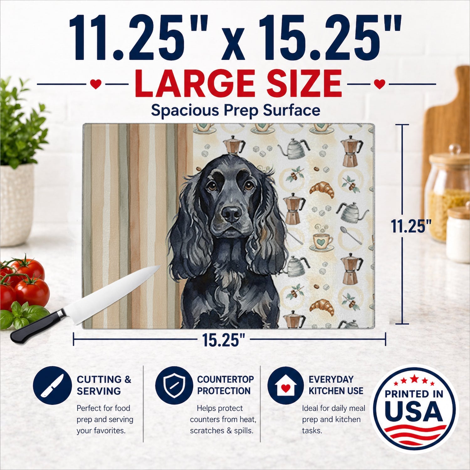 Black English Cocker Spaniel Coffee Bar Cutting Board Tempered Glass Kitchen Cutting Surface, Heat Resistant Chopping, Non-Slip Feet, Food Prep & Serving