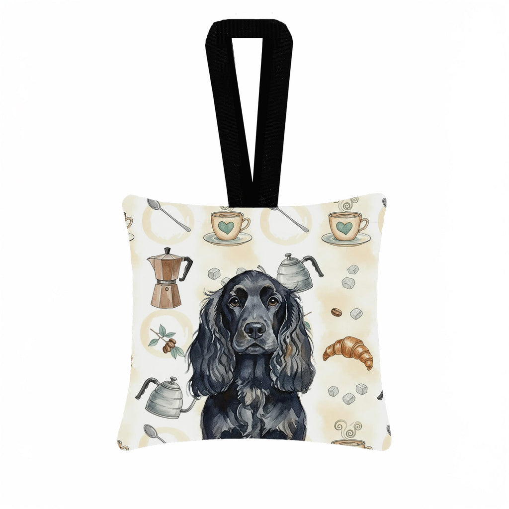 Black English Cocker Spaniel Coffee Bar Hanging Square Fabric Ornament 3.5 � 3.5 Decorative Door-Knob & Tree Hanger, Soft Fabric