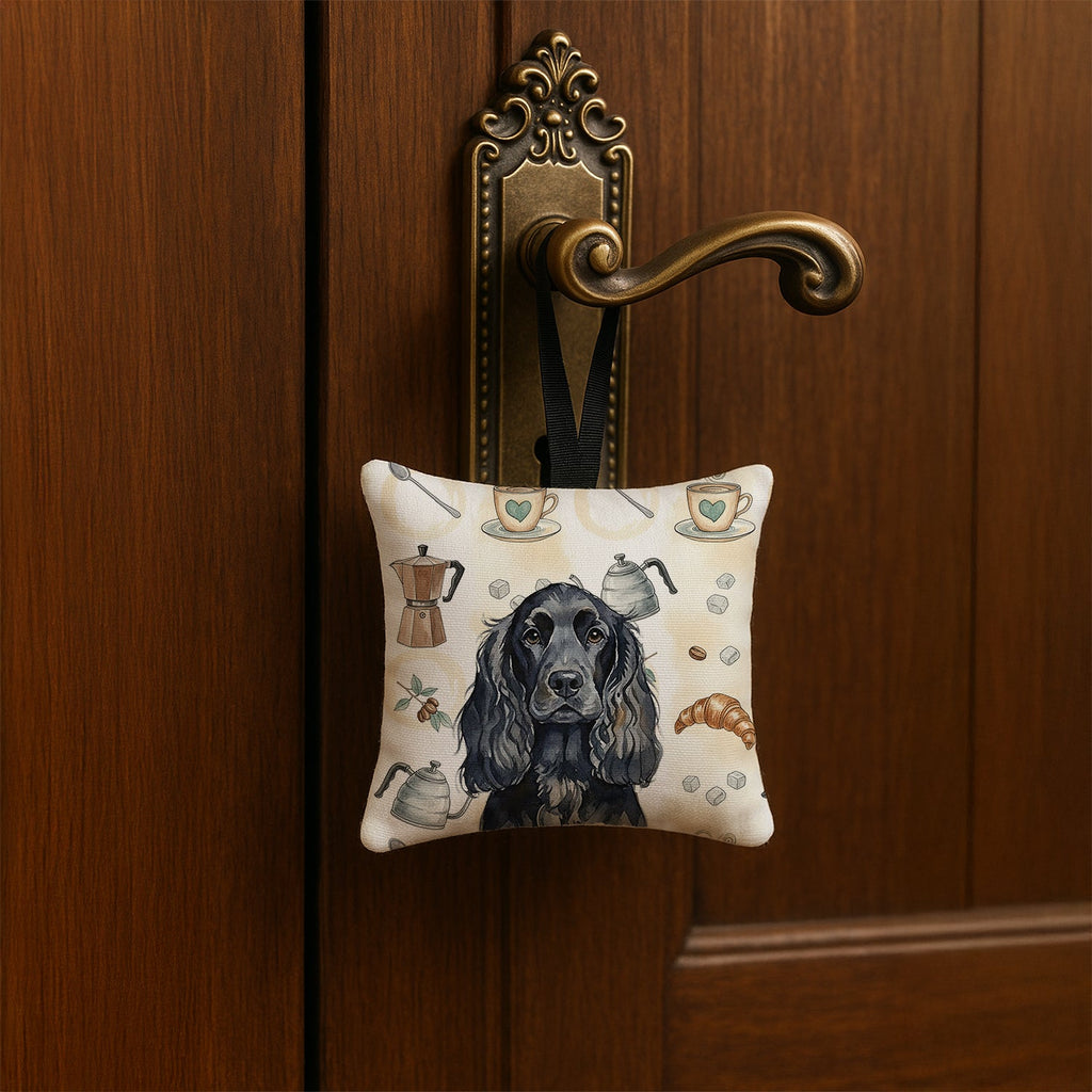 Black English Cocker Spaniel Coffee Bar Hanging Square Fabric Ornament 3.5 � 3.5 Decorative Door-Knob & Tree Hanger, Soft Fabric