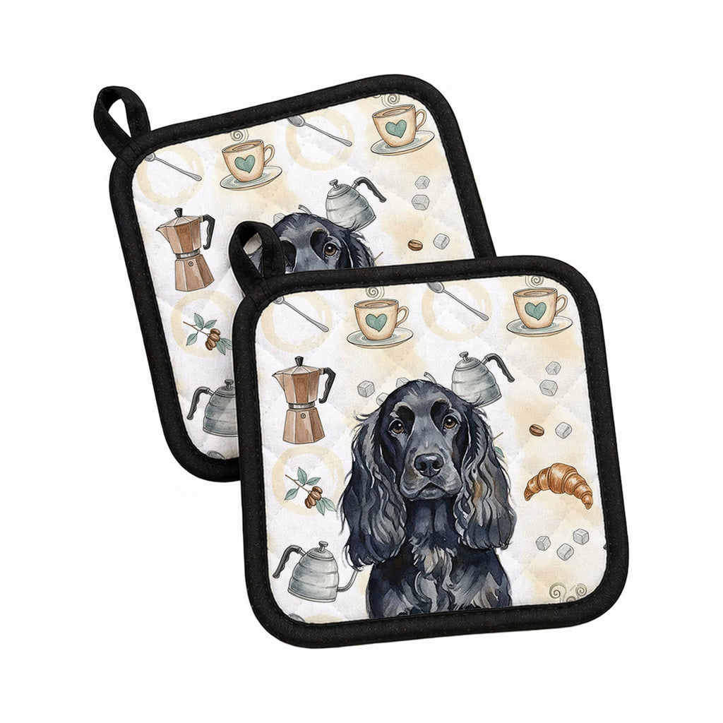 Black English Cocker Spaniel Coffee Bar Pot Holder Set of 2 Heat Resistant Quilted Hot Pads 7.5 x 7.5 Inch, Insulated Kitchen Trivets for Cooking & Baking