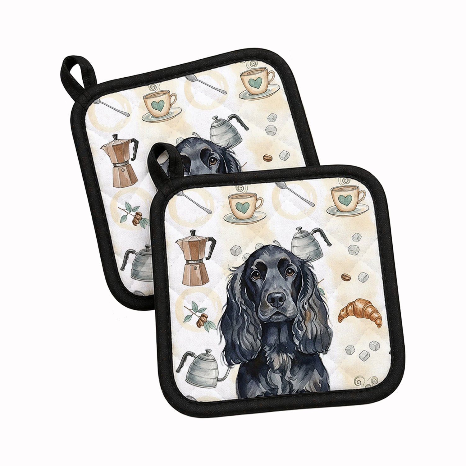 Black English Cocker Spaniel Coffee Bar Pot Holder Set of 2 Heat Resistant Quilted Hot Pads 7.5 x 7.5 Inch, Insulated Kitchen Trivets for Cooking & Baking