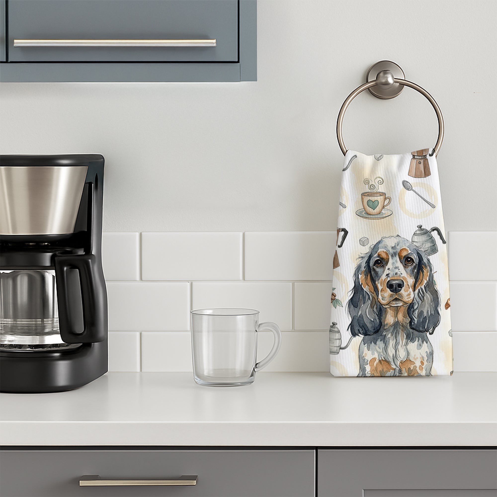 Blue Roan & Tan English Cocker Spaniel Coffee Bar Kitchen Towel Velour Plush Front and Cotton Loop Back Machine Washable