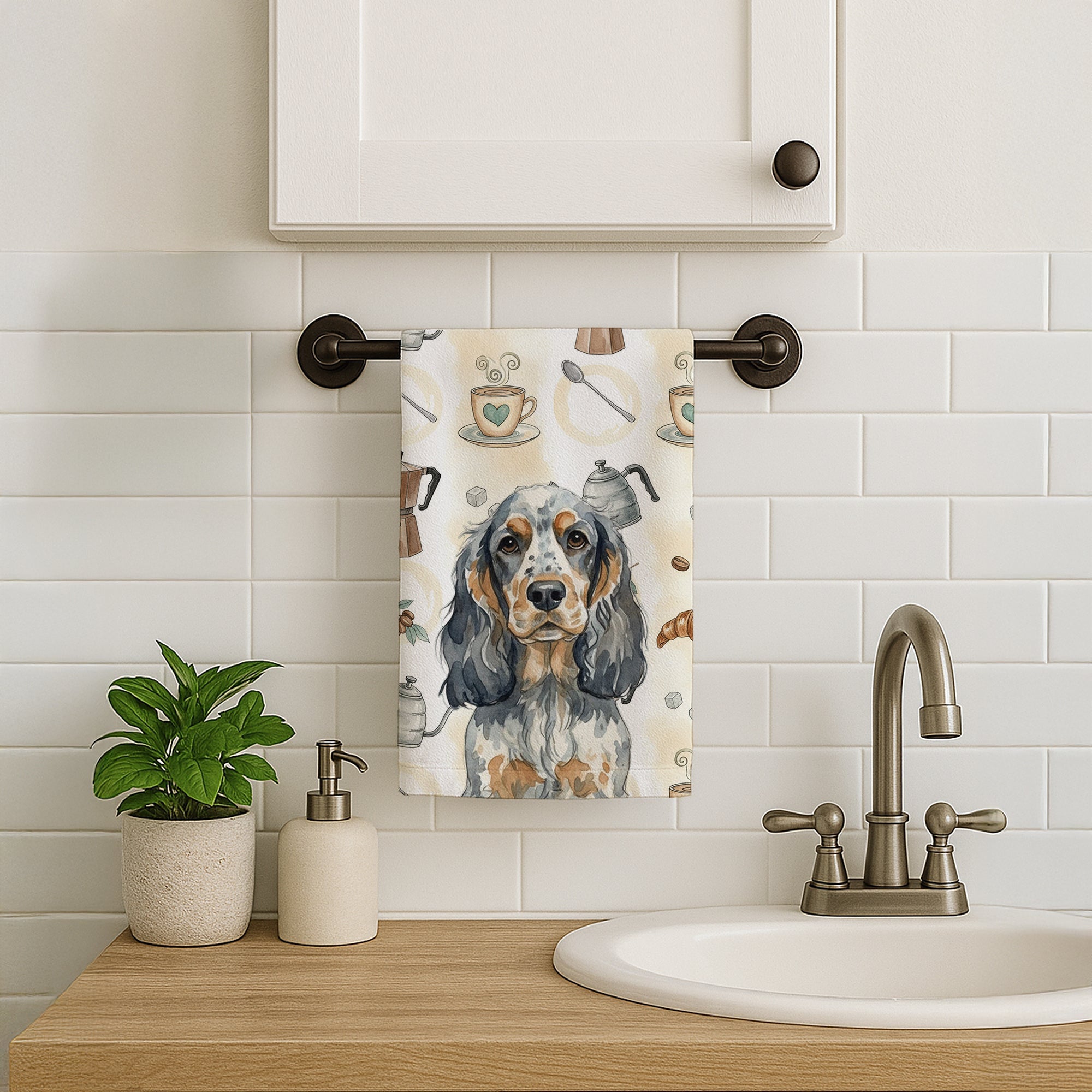 Blue Roan & Tan English Cocker Spaniel Coffee Bar Kitchen Towel Velour Plush Front and Cotton Loop Back Machine Washable