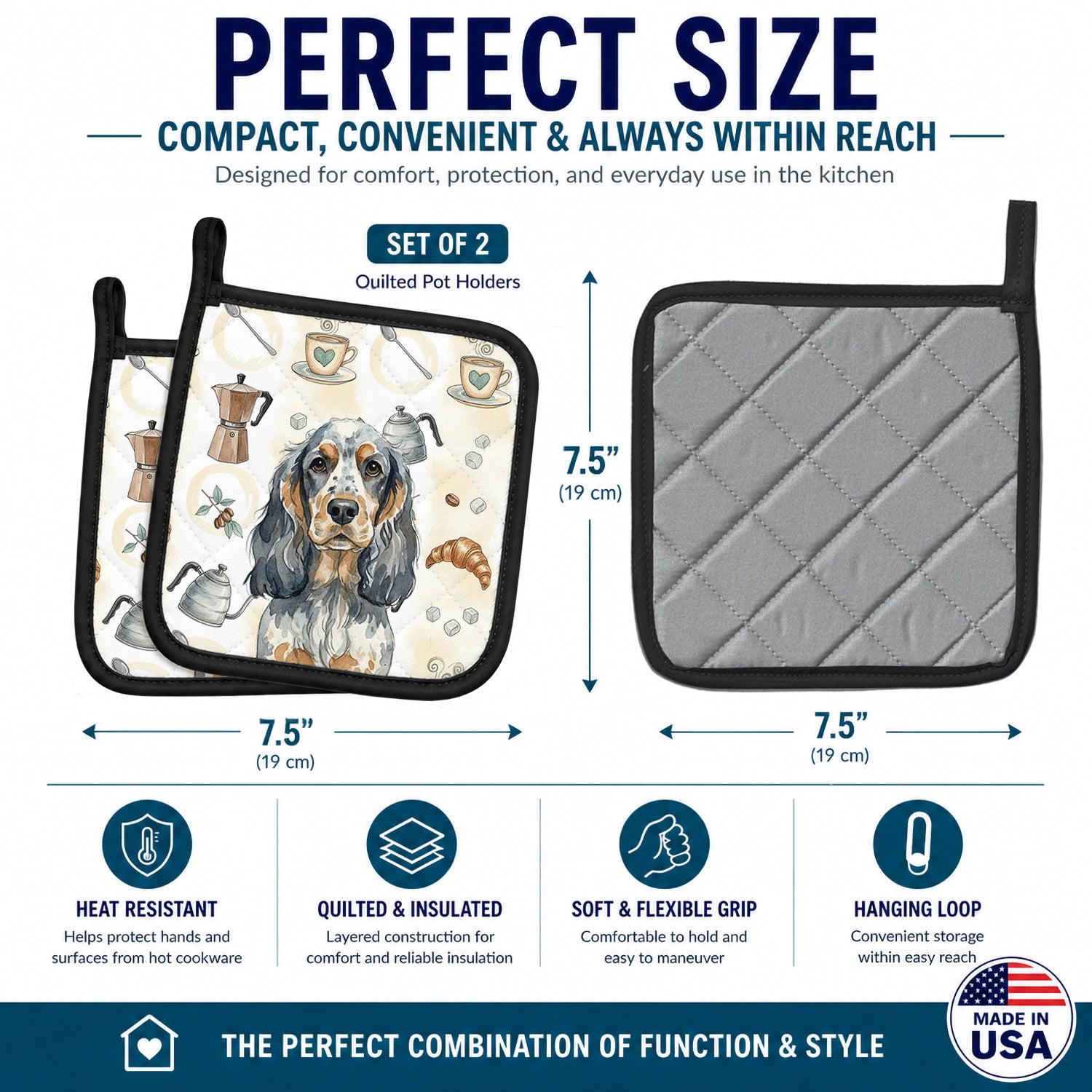 Blue Roan & Tan English Cocker Spaniel Coffee Bar Pot Holder Set of 2 Heat Resistant Quilted Hot Pads 7.5 x 7.5 Inch, Insulated Kitchen Trivets for Cooking & Baking