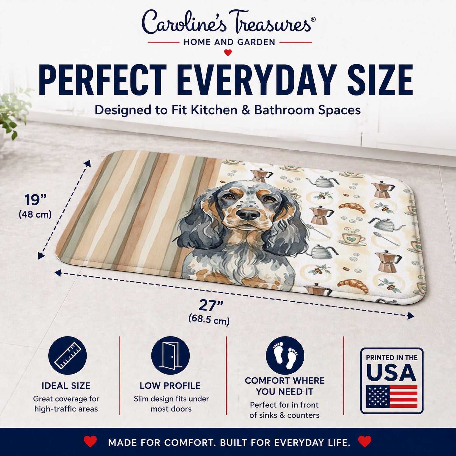 Blue Roan & Tan English Cocker Spaniel Coffee Bar Memory Foam Kitchen Mat Machine Washable Anti-Fatigue Cushion Comfort Bath or Kitchen Rug