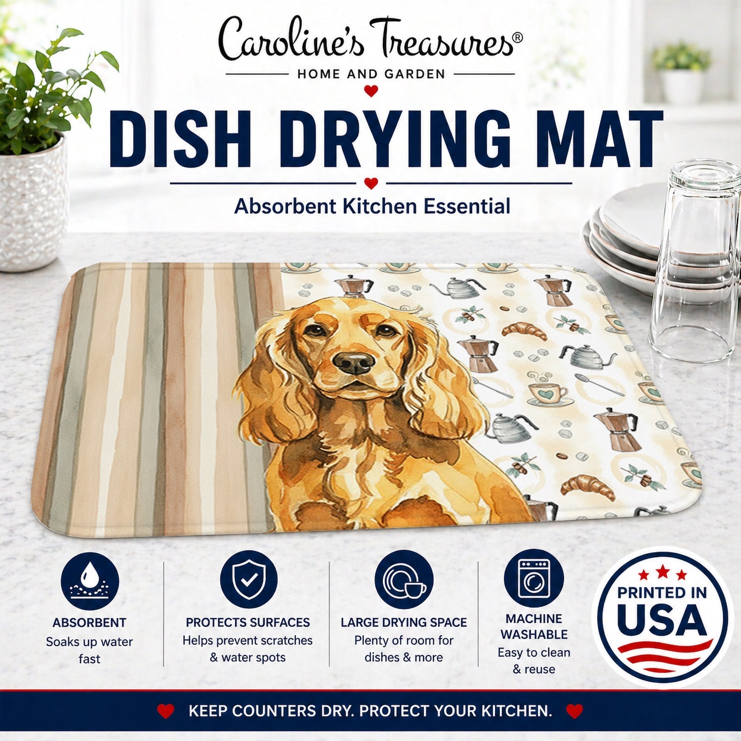 Golden English Cocker Spaniel Coffee Bar Dish Drying Mat Absorbent Dish Drying Mat Pad for Kitchen Counter Dish Drainer Mat for Countertop, 14 x 21", Multicolor