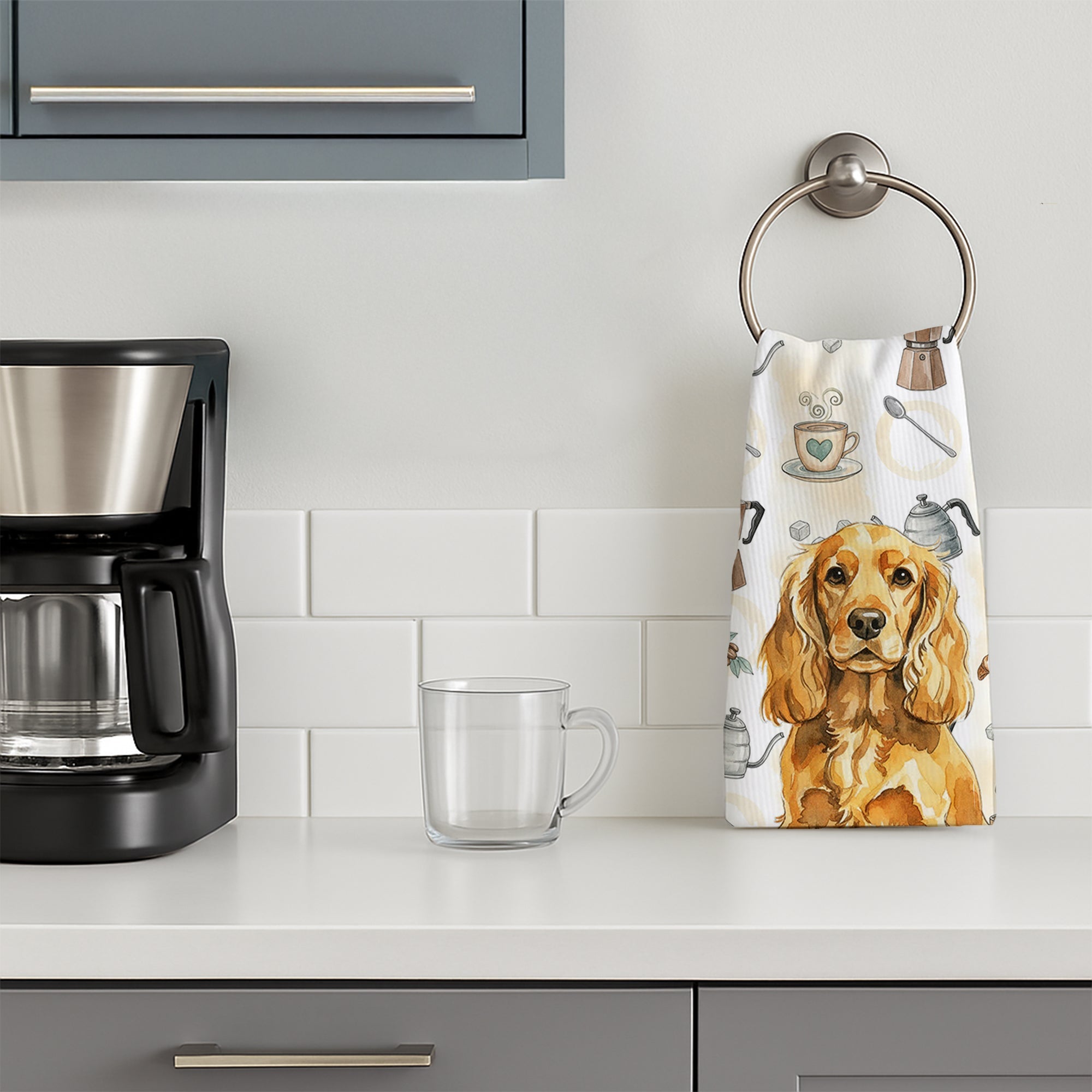 Golden English Cocker Spaniel Coffee Bar Kitchen Towel Velour Plush Front and Cotton Loop Back Machine Washable