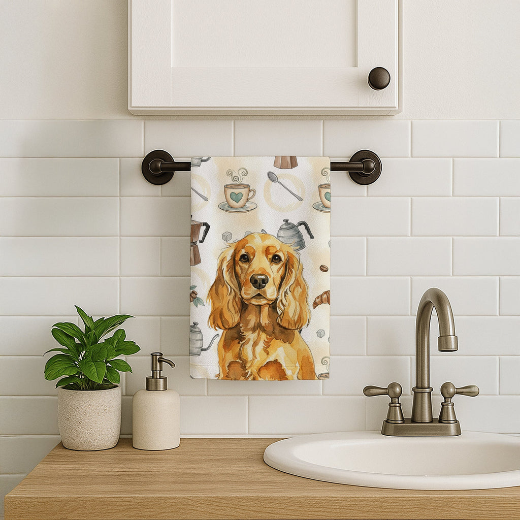 Golden English Cocker Spaniel Coffee Bar Kitchen Towel Velour Plush Front and Cotton Loop Back Machine Washable