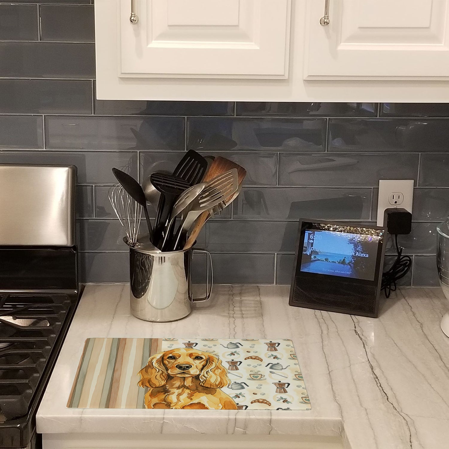 Golden English Cocker Spaniel Coffee Bar Cutting Board Tempered Glass Kitchen Cutting Surface, Heat Resistant Chopping, Non-Slip Feet, Food Prep & Serving