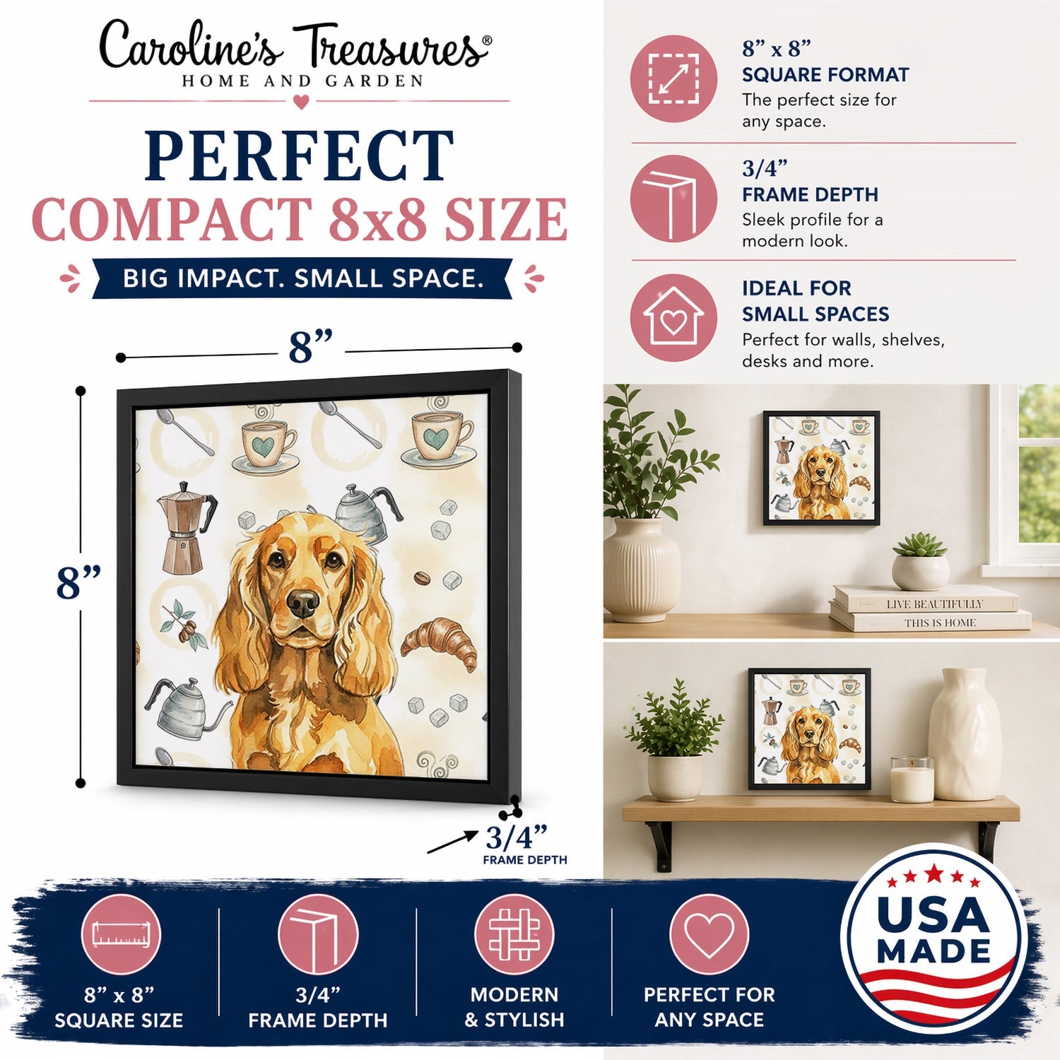 Golden English Cocker Spaniel Coffee Bar Framed Metal Print Bathroom, Kitchen, Office, Home Decor Wall Art Ready to Hang, Square, 8X8