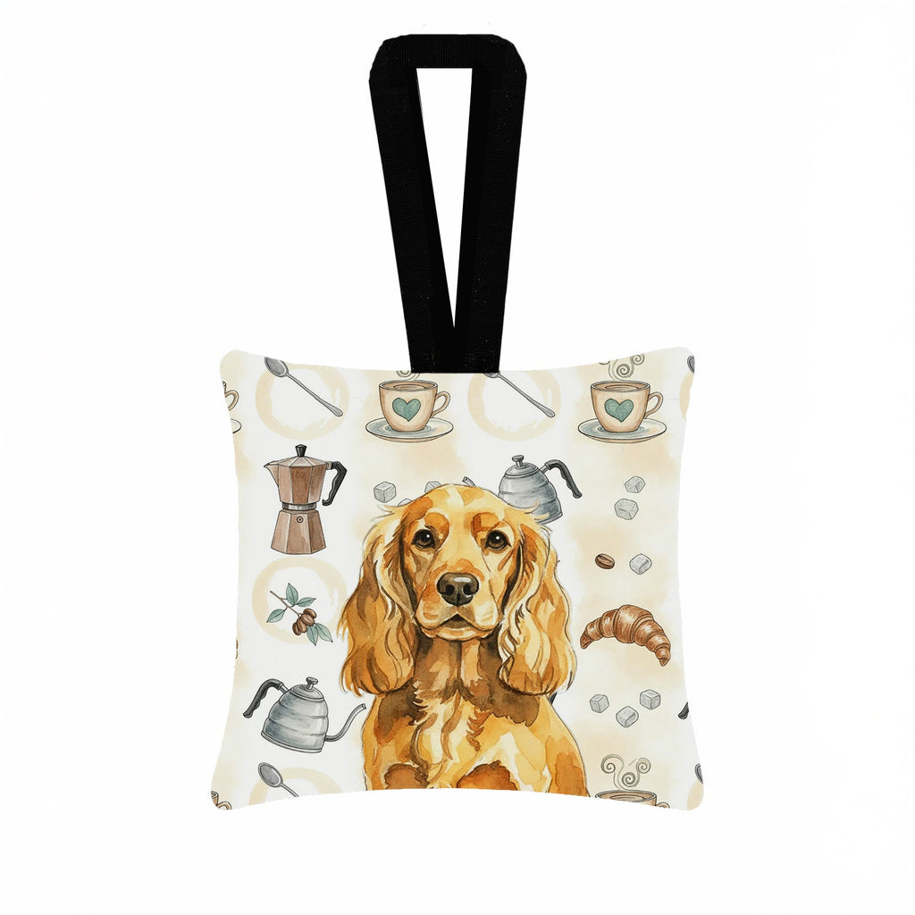 Golden English Cocker Spaniel Coffee Bar Hanging Square Fabric Ornament 3.5 � 3.5 Decorative Door-Knob & Tree Hanger, Soft Fabric