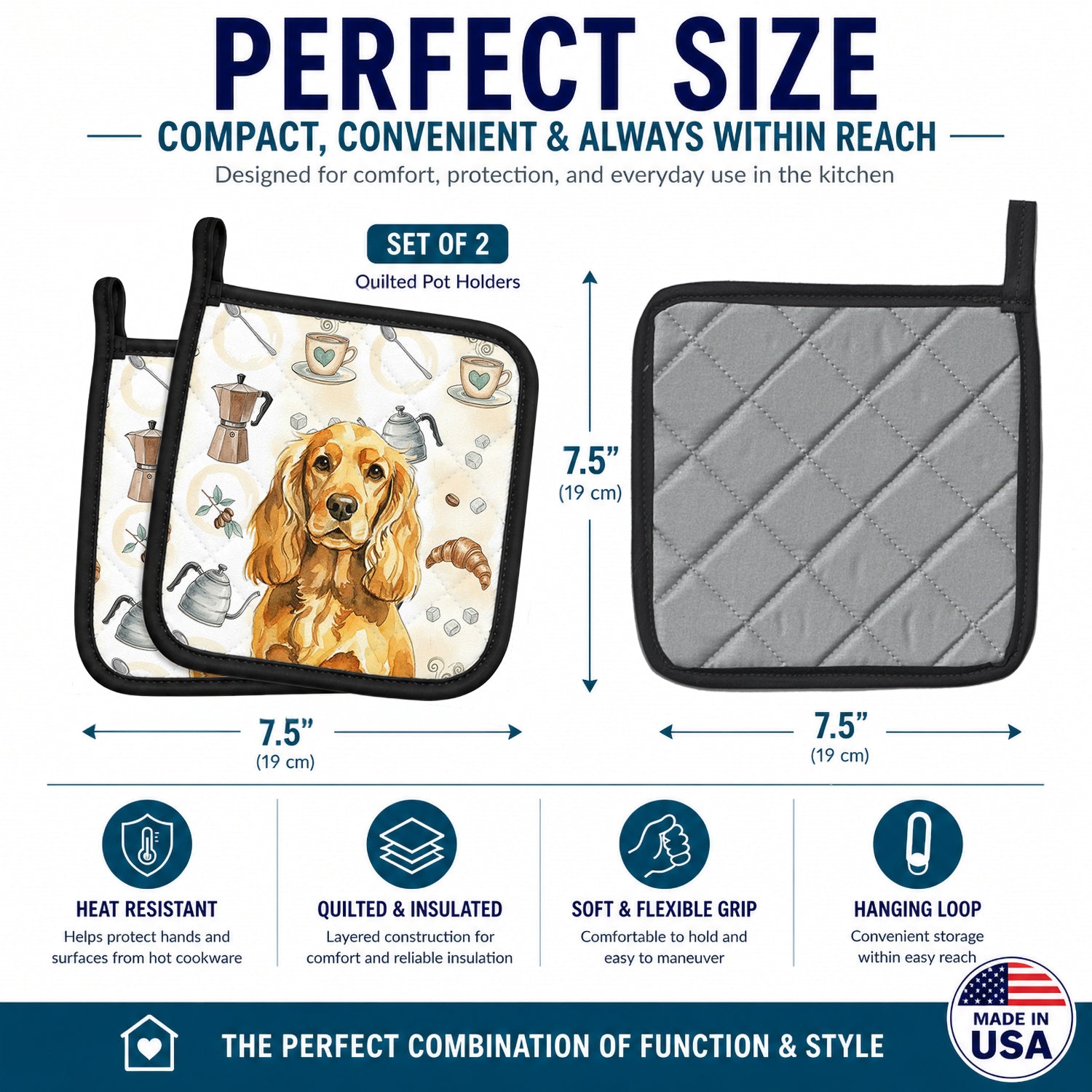 Golden English Cocker Spaniel Coffee Bar Pot Holder Set of 2 Heat Resistant Quilted Hot Pads 7.5 x 7.5 Inch, Insulated Kitchen Trivets for Cooking & Baking