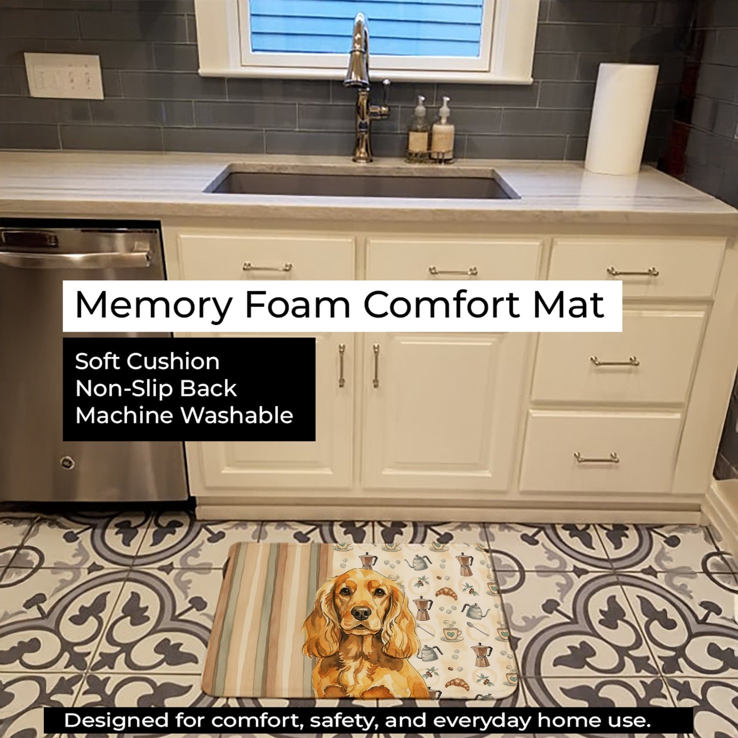Golden English Cocker Spaniel Coffee Bar Memory Foam Kitchen Mat Machine Washable Anti-Fatigue Cushion Comfort Bath or Kitchen Rug