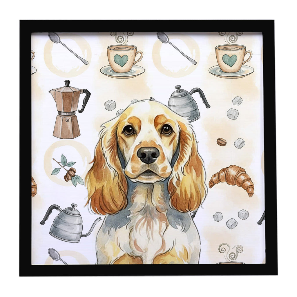 Lemon Roan English Cocker Spaniel Coffee Bar Framed Metal Print Bathroom, Kitchen, Office, Home Decor Wall Art Ready to Hang, Square, 8X8