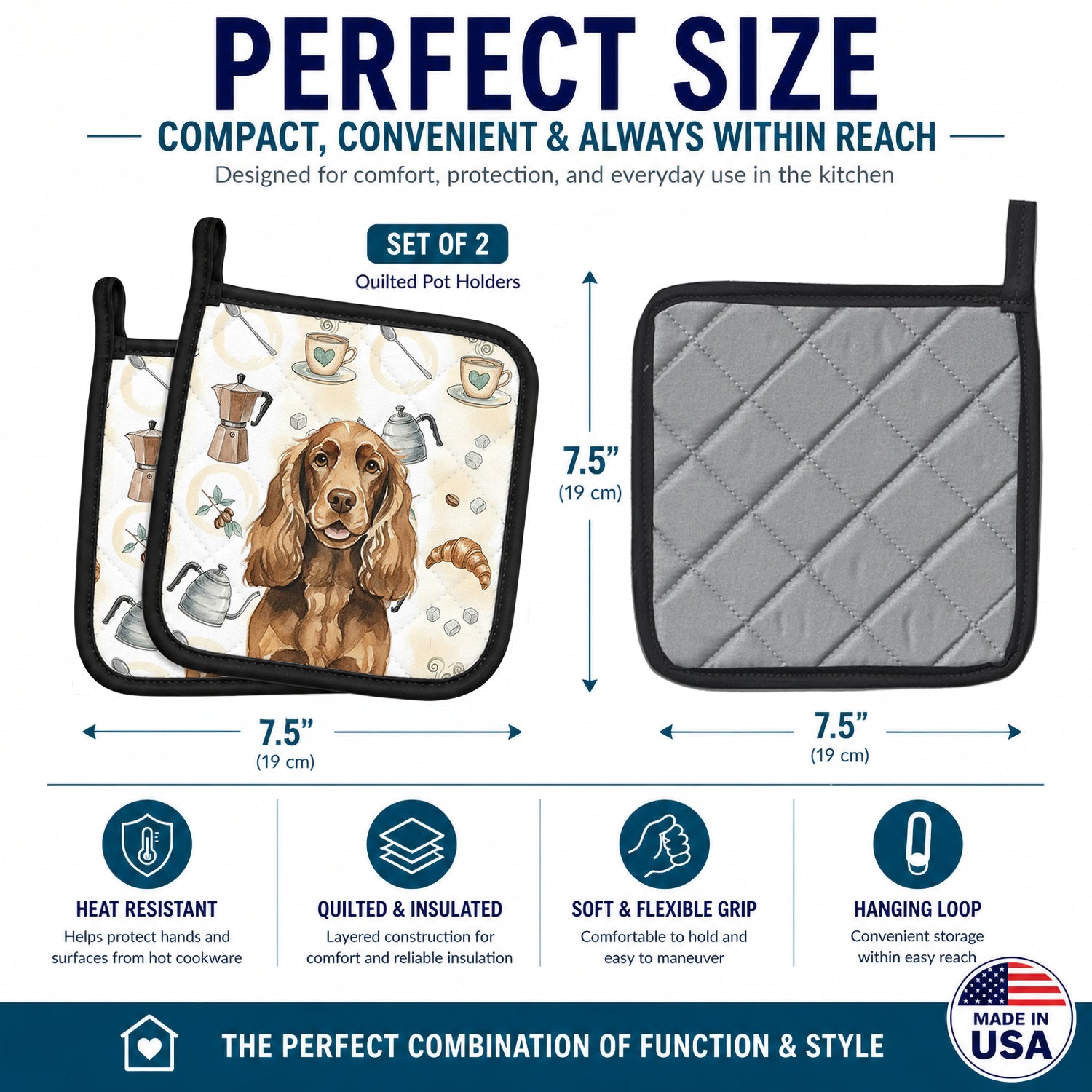 Liver English Cocker Spaniel Coffee Bar Pot Holder Set of 2 Heat Resistant Quilted Hot Pads 7.5 x 7.5 Inch, Insulated Kitchen Trivets for Cooking & Baking