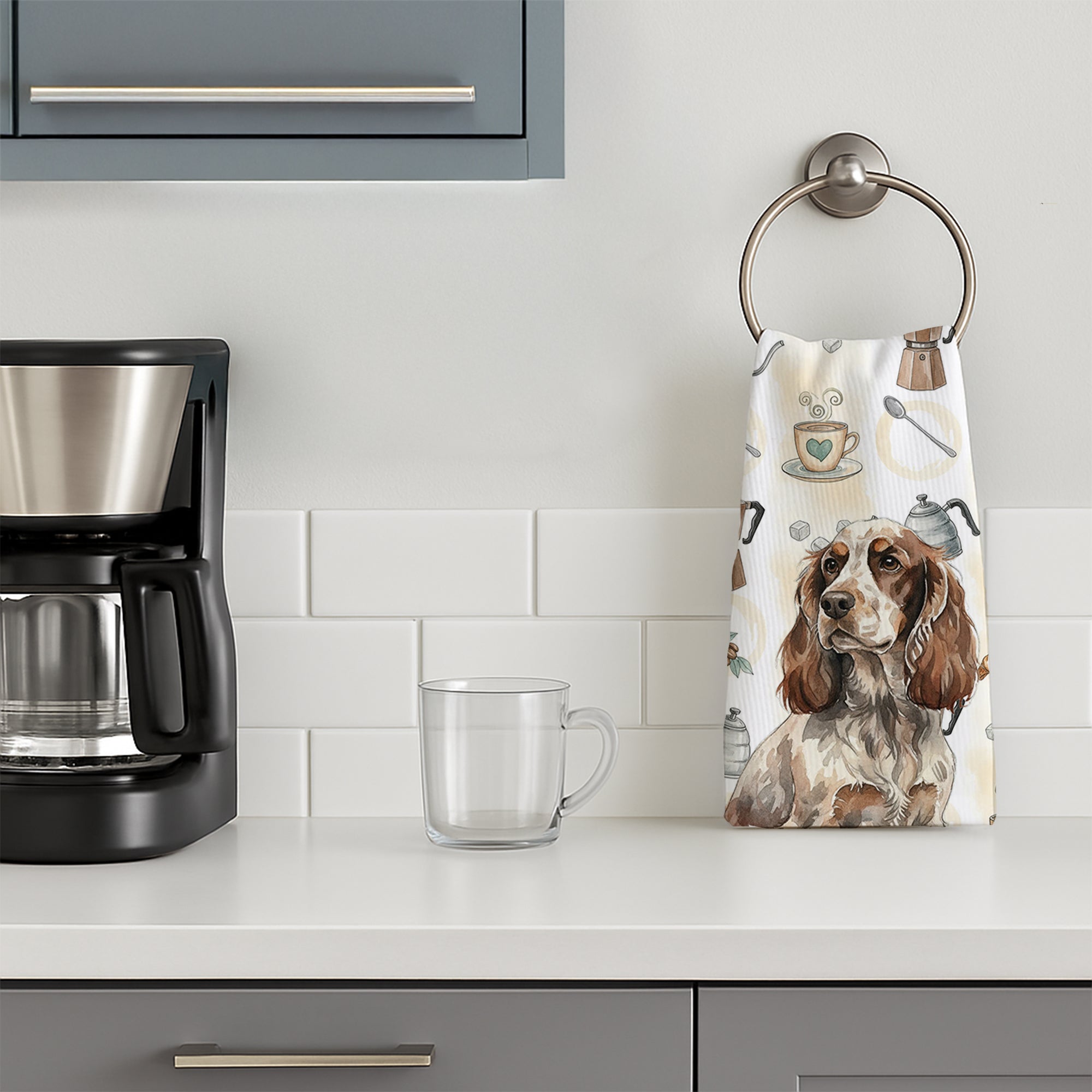 Liver Roan English Cocker Spaniel Coffee Bar Kitchen Towel Velour Plush Front and Cotton Loop Back Machine Washable