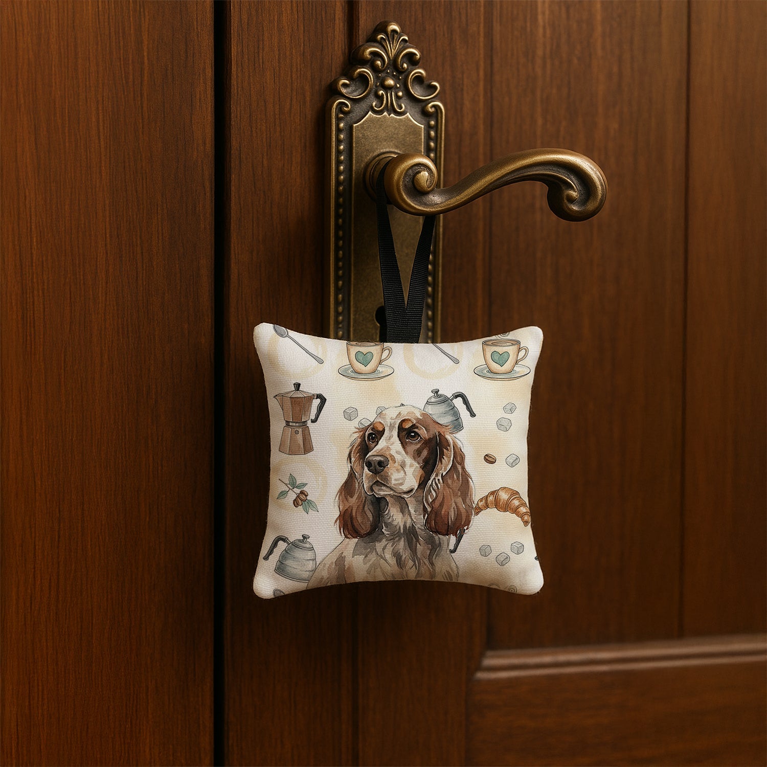 Liver Roan English Cocker Spaniel Coffee Bar Hanging Square Fabric Ornament 3.5 � 3.5 Decorative Door-Knob & Tree Hanger, Soft Fabric