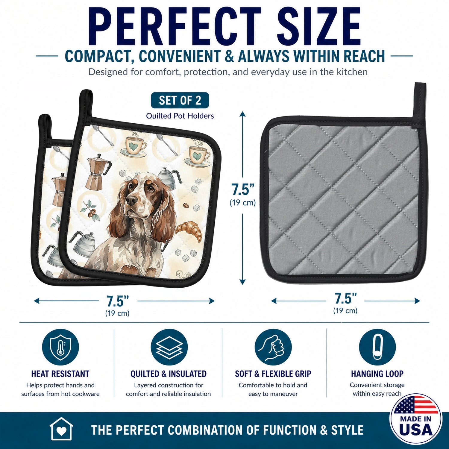 Liver Roan English Cocker Spaniel Coffee Bar Pot Holder Set of 2 Heat Resistant Quilted Hot Pads 7.5 x 7.5 Inch, Insulated Kitchen Trivets for Cooking & Baking