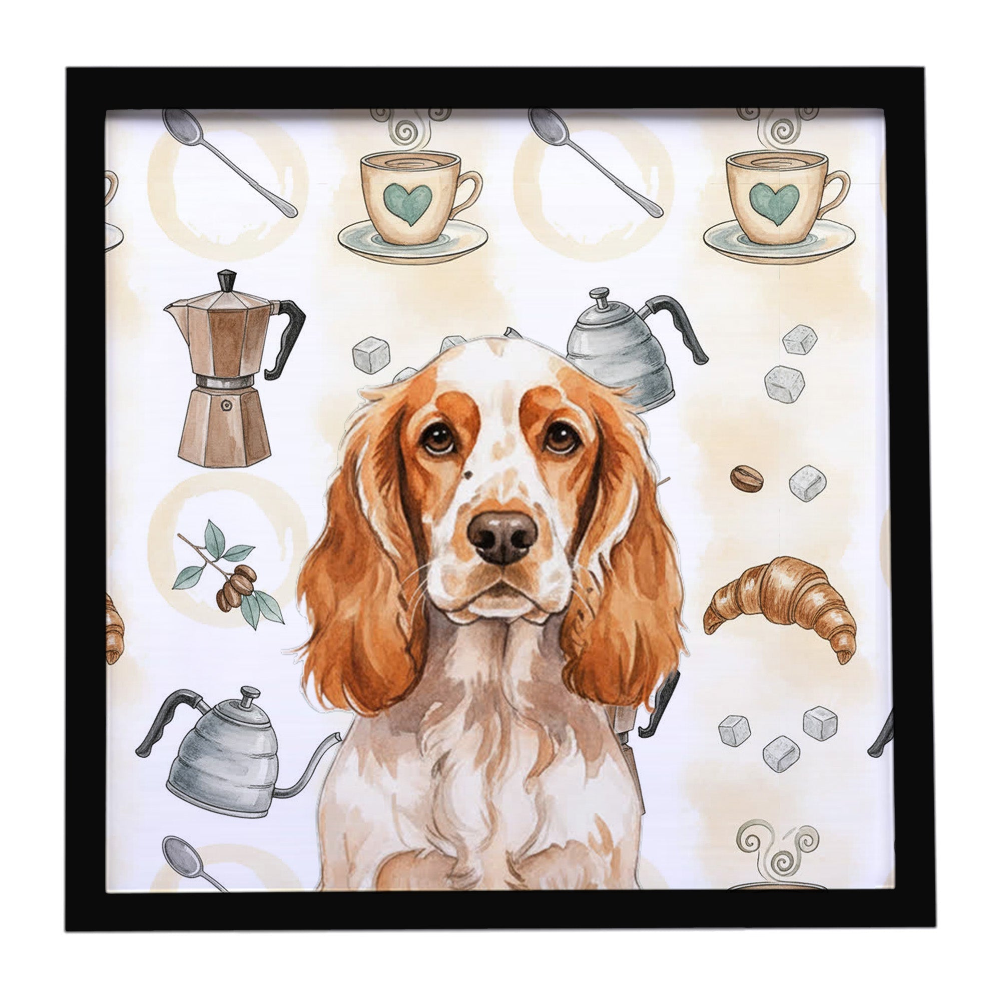 Orange Roan English Cocker Spaniel Coffee Bar Framed Metal Print Bathroom, Kitchen, Office, Home Decor Wall Art Ready to Hang, Square, 8X8