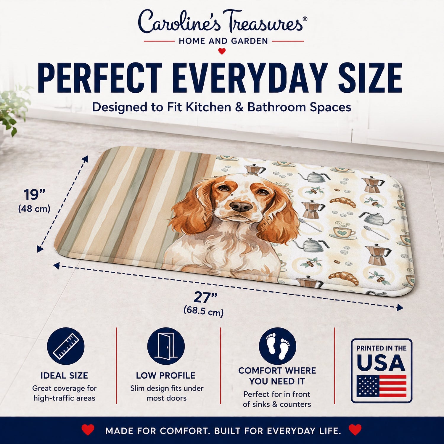 Orange Roan English Cocker Spaniel Coffee Bar Memory Foam Kitchen Mat Machine Washable Anti-Fatigue Cushion Comfort Bath or Kitchen Rug