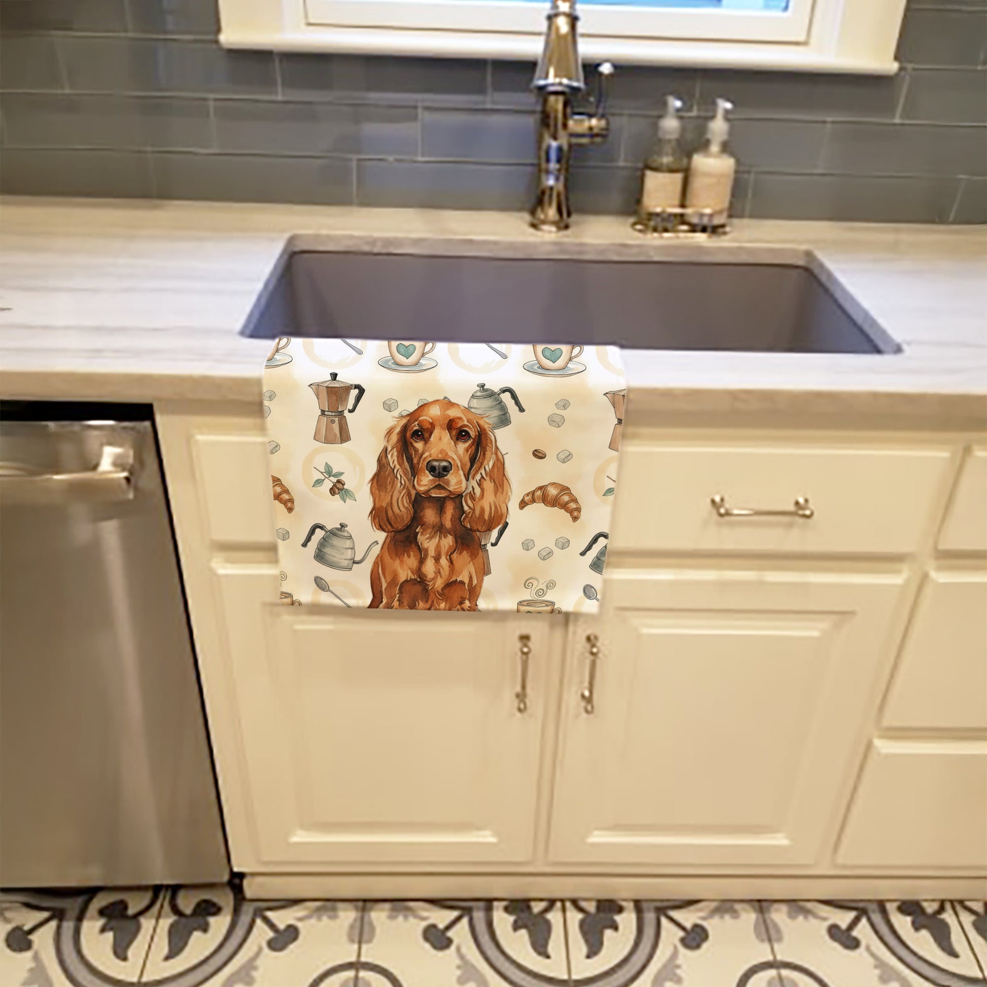 Red English Cocker Spaniel Coffee Bar Kitchen Towel Velour Plush Front and Cotton Loop Back Machine Washable