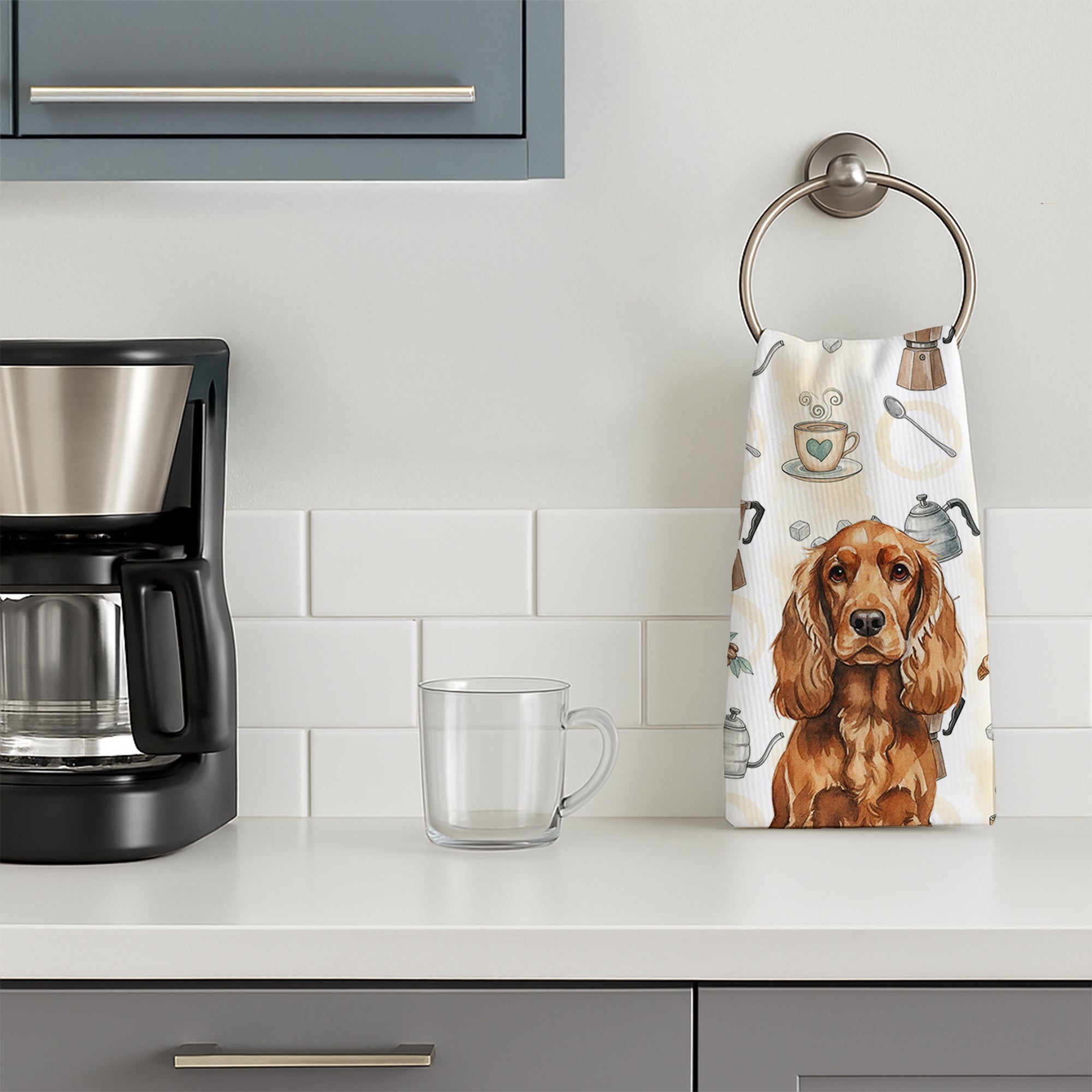 Red English Cocker Spaniel Coffee Bar Kitchen Towel Velour Plush Front and Cotton Loop Back Machine Washable