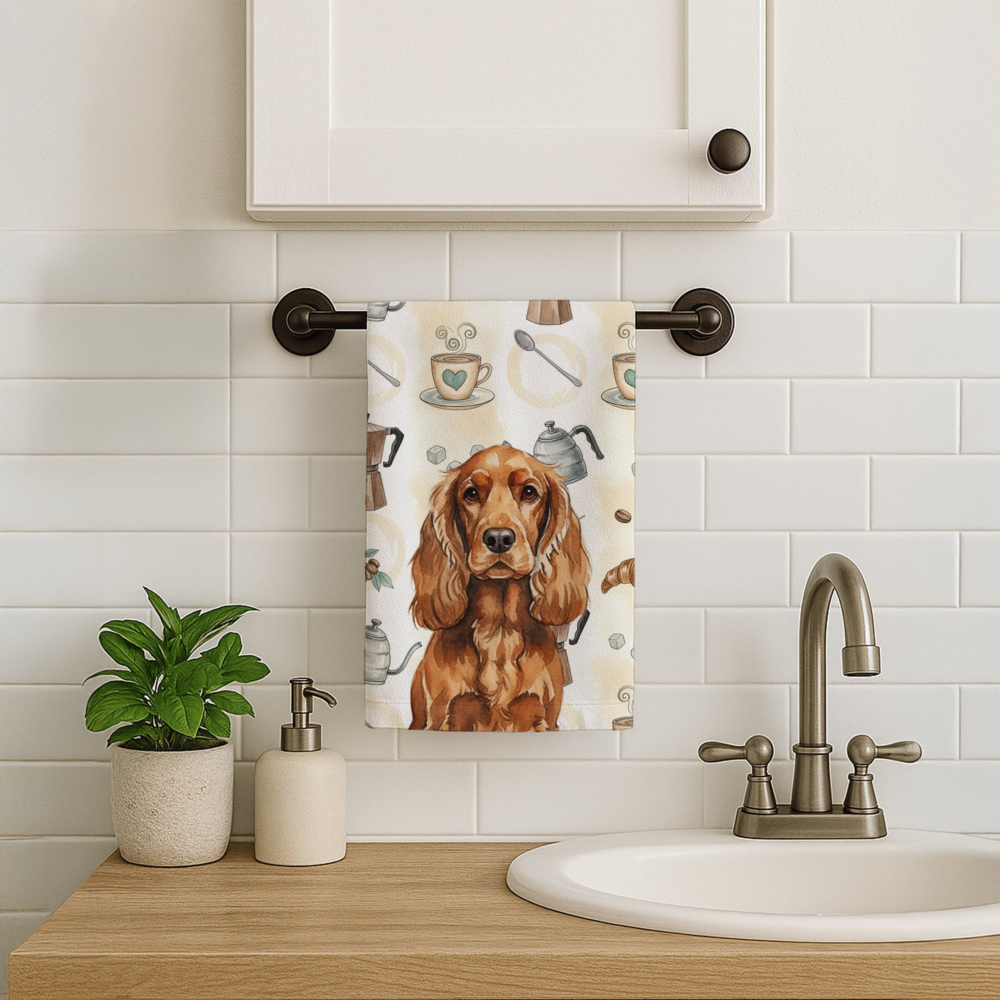 Red English Cocker Spaniel Coffee Bar Kitchen Towel Velour Plush Front and Cotton Loop Back Machine Washable