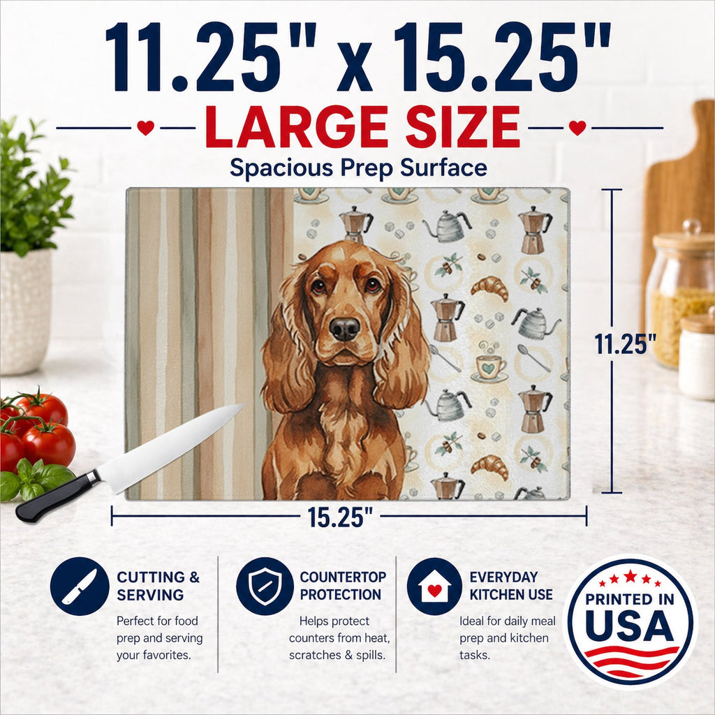 Red English Cocker Spaniel Coffee Bar Cutting Board Tempered Glass Kitchen Cutting Surface, Heat Resistant Chopping, Non-Slip Feet, Food Prep & Serving