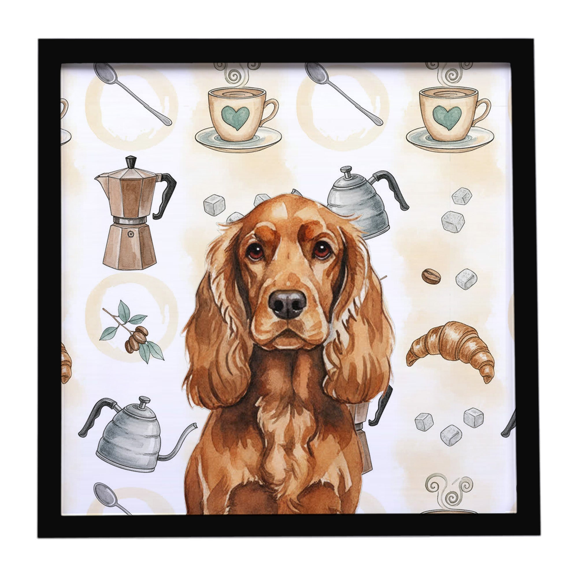Red English Cocker Spaniel Coffee Bar Framed Metal Print Bathroom, Kitchen, Office, Home Decor Wall Art Ready to Hang, Square, 8X8