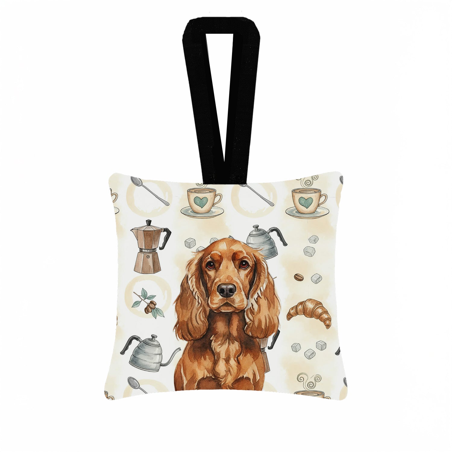 Red English Cocker Spaniel Coffee Bar Hanging Square Fabric Ornament 3.5 � 3.5 Decorative Door-Knob & Tree Hanger, Soft Fabric