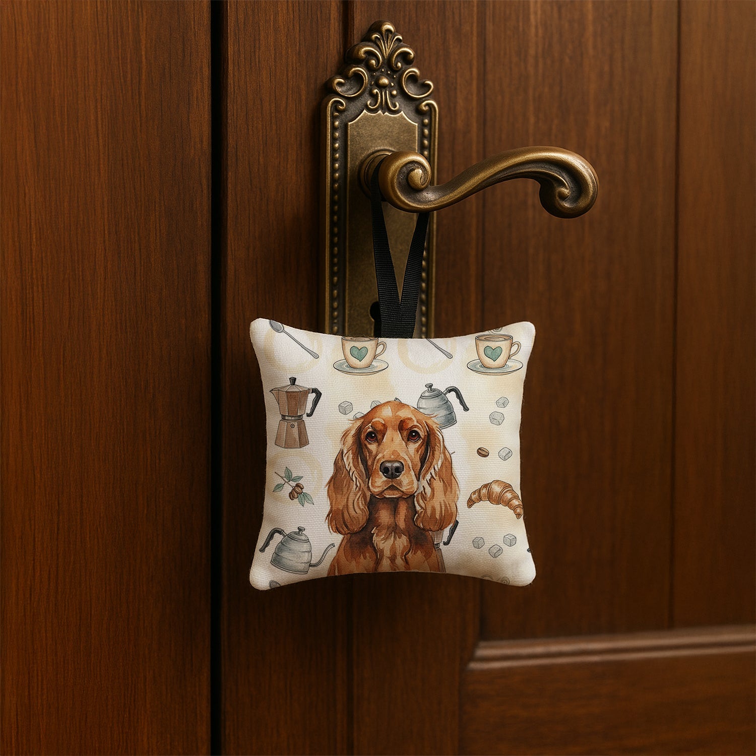 Red English Cocker Spaniel Coffee Bar Hanging Square Fabric Ornament 3.5 � 3.5 Decorative Door-Knob & Tree Hanger, Soft Fabric