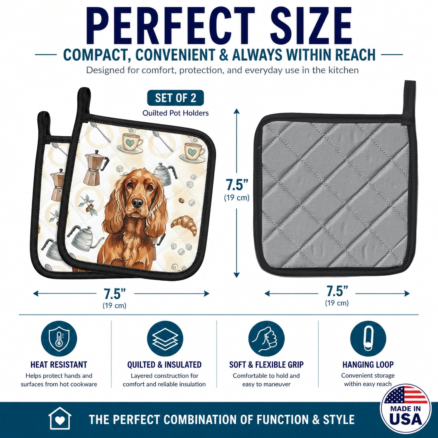 Red English Cocker Spaniel Coffee Bar Pot Holder Set of 2 Heat Resistant Quilted Hot Pads 7.5 x 7.5 Inch, Insulated Kitchen Trivets for Cooking & Baking