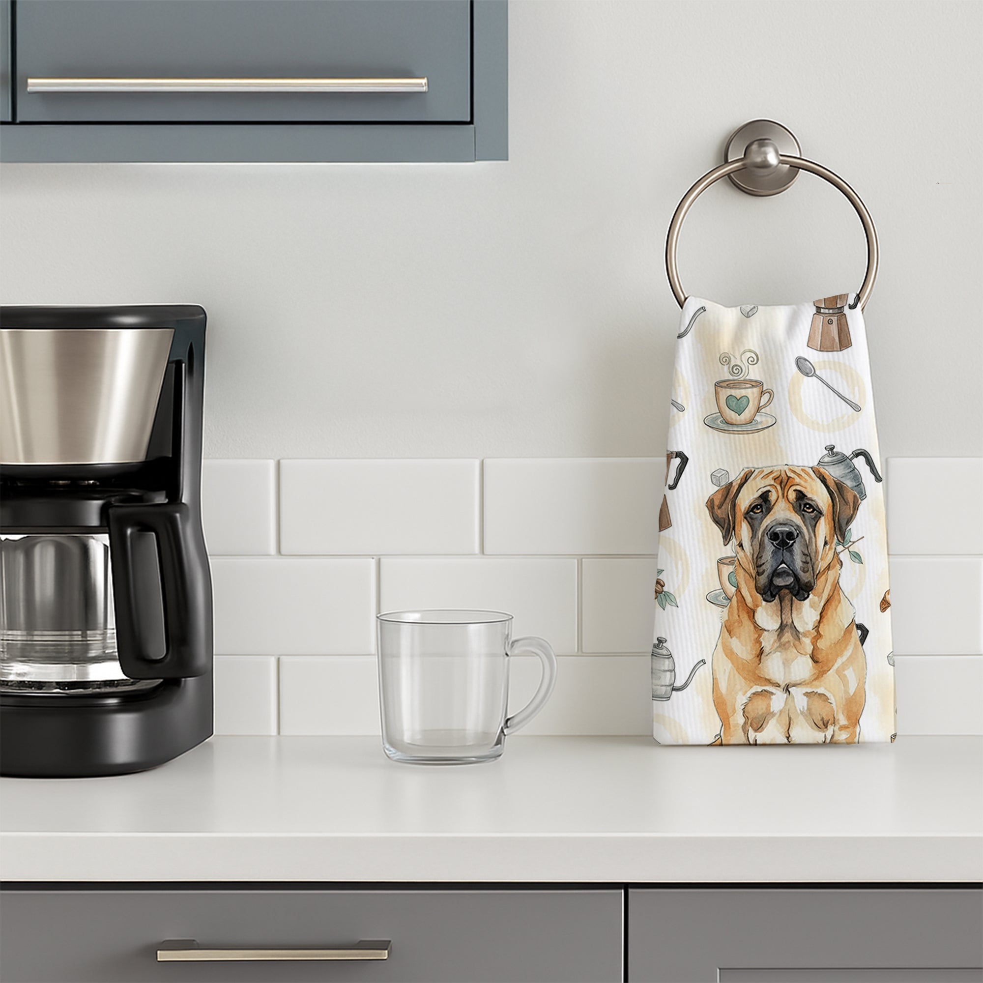 Apricot English Mastiff Coffee Bar Kitchen Towel Velour Plush Front and Cotton Loop Back Machine Washable