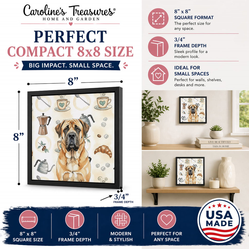 Apricot English Mastiff Coffee Bar Framed Metal Print Bathroom, Kitchen, Office, Home Decor Wall Art Ready to Hang, Square, 8X8
