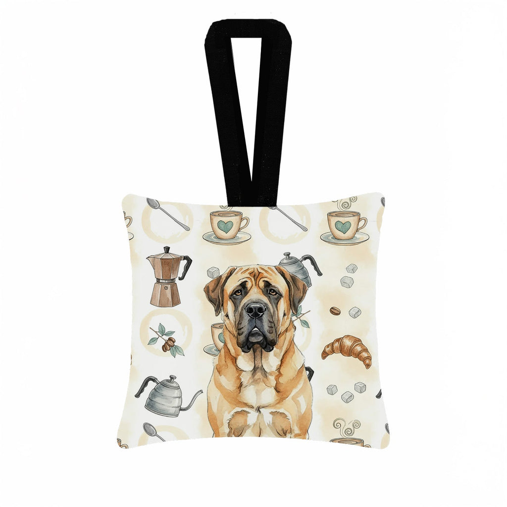 Apricot English Mastiff Coffee Bar Hanging Square Fabric Ornament 3.5 � 3.5 Decorative Door-Knob & Tree Hanger, Soft Fabric