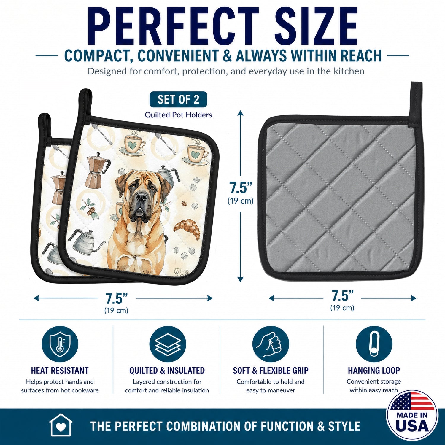 Apricot English Mastiff Coffee Bar Pot Holder Set of 2 Heat Resistant Quilted Hot Pads 7.5 x 7.5 Inch, Insulated Kitchen Trivets for Cooking & Baking