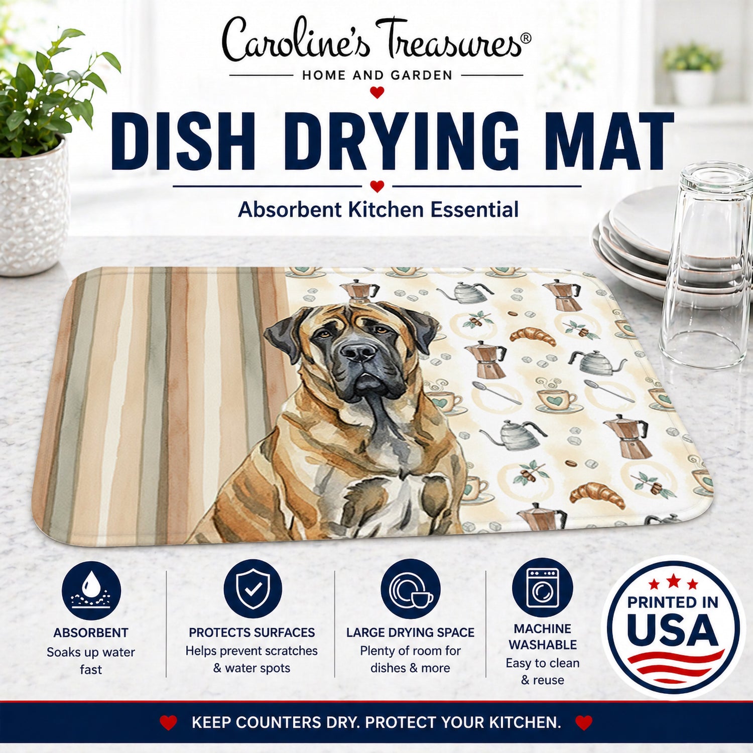 Brindle English Mastiff Coffee Bar Dish Drying Mat Absorbent Dish Drying Mat Pad for Kitchen Counter Dish Drainer Mat for Countertop, 14 x 21", Multicolor