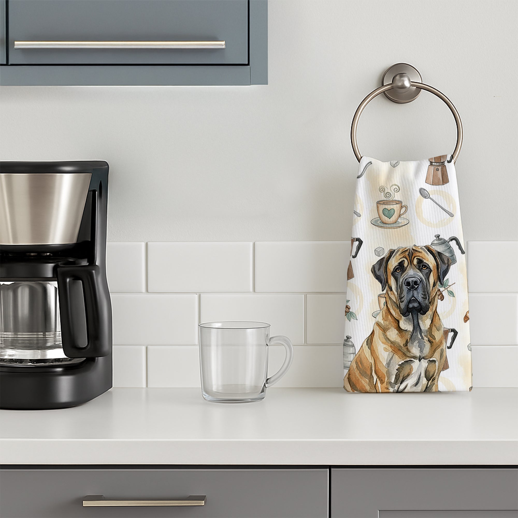 Brindle English Mastiff Coffee Bar Kitchen Towel Velour Plush Front and Cotton Loop Back Machine Washable