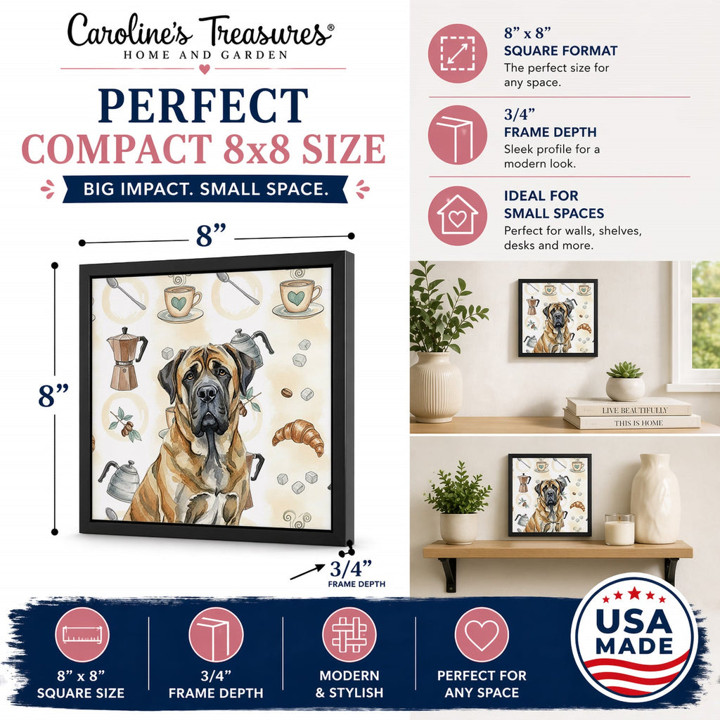 Brindle English Mastiff Coffee Bar Framed Metal Print Bathroom, Kitchen, Office, Home Decor Wall Art Ready to Hang, Square, 8X8