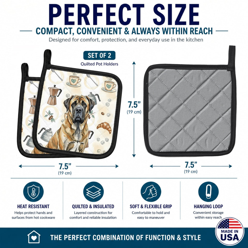 Brindle English Mastiff Coffee Bar Pot Holder Set of 2 Heat Resistant Quilted Hot Pads 7.5 x 7.5 Inch, Insulated Kitchen Trivets for Cooking & Baking