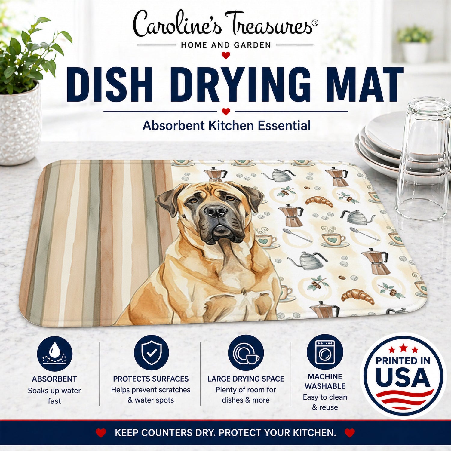 Fawn English Mastiff Coffee Bar Dish Drying Mat Absorbent Dish Drying Mat Pad for Kitchen Counter Dish Drainer Mat for Countertop, 14 x 21", Multicolor