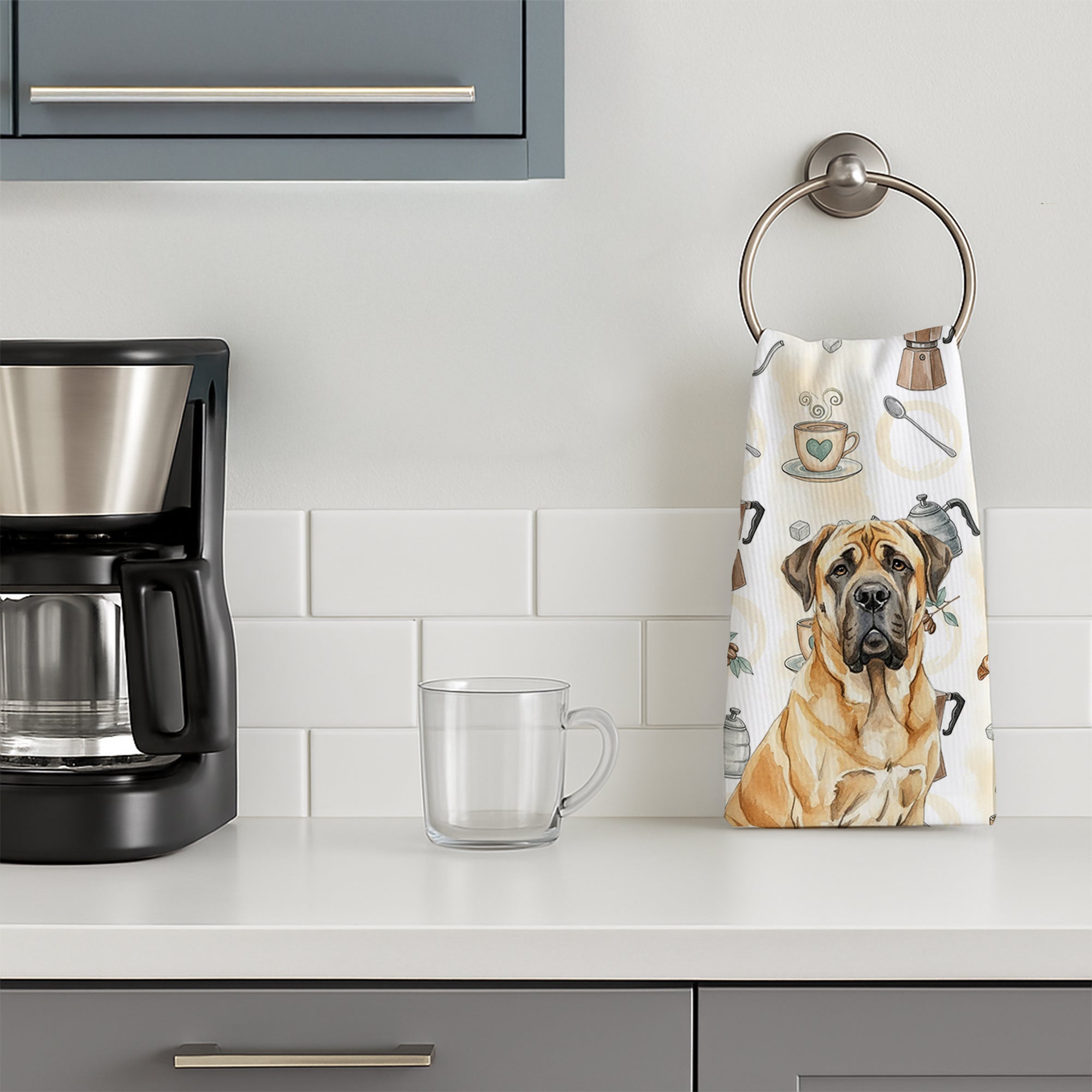 Fawn English Mastiff Coffee Bar Kitchen Towel Velour Plush Front and Cotton Loop Back Machine Washable