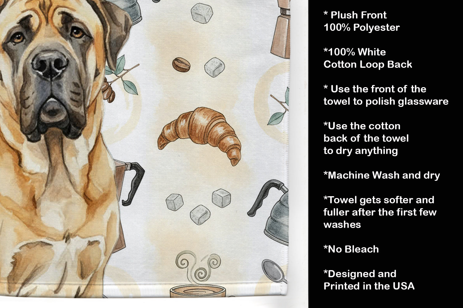 Fawn English Mastiff Coffee Bar Kitchen Towel Velour Plush Front and Cotton Loop Back Machine Washable